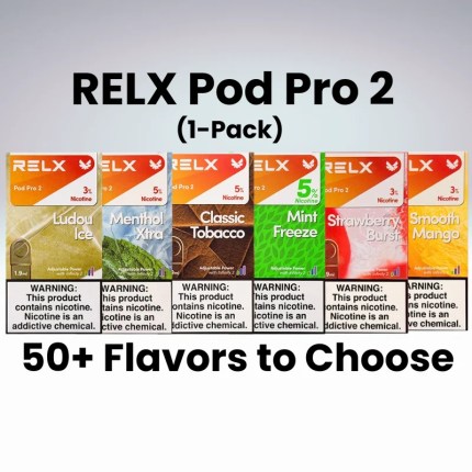 RELX Pod Pro 2 (1-Pack) pods flavor lineup: Ludou Ice, Menthol Xtra, Classic Tobacco, Mint Freeze, Strawberry Burst, Smooth Mango (50+ flavors)