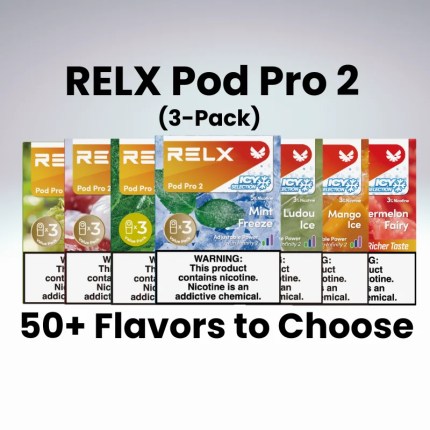 RELX Pod Pro 2 (3-Pack) pods flavor lineup: Mint Freeze, Ludou Ice, Fresh Prach, Mango Ice, Watermelon Ice, plus assorted flavors shown (50+ flavors)