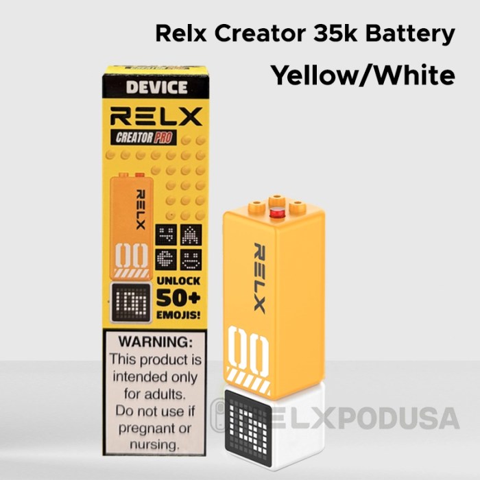 relx creator 35k device battery color in yellow and white