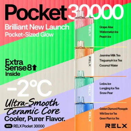 RELX Pocket 30000 disposable vape flavors including Tieguanyin Ice Tea, Watermelon Ice, Peach Ice, Jasmine Milk Tea, Tieguanyin Ice Tea and more