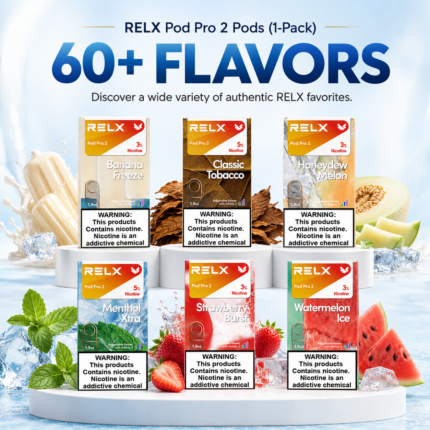 RELX Pod Pro 2 (1-Pack) pods flavor lineup: Ludou Ice, Menthol Xtra, Classic Tobacco, Mint Freeze, Strawberry Burst and Peach (50+ flavors)