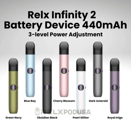 RELX Infinity 2 Battery Device 440mAh 3-level Power Adjustment Blue Bay Cherry Blossom Dark Asteroid Green Navy Obsidian Black Pearl Glitter Royal Inigo