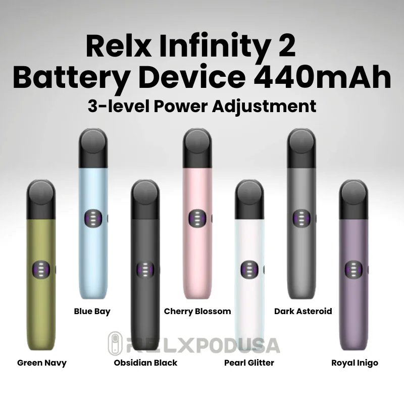 RELX Infinity 2 Battery Device 440mAh 3-level Power Adjustment Blue Bay Cherry Blossom Dark Asteroid Green Navy Obsidian Black Pearl Glitter Royal Inigo