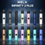 RELX Infinity 2 Plus devices in 15 colors, compatible with RELX Pod Pro 2 3-Pack, RELX Pod Pro 2 1-Pack, and RELX Ultra Pod.