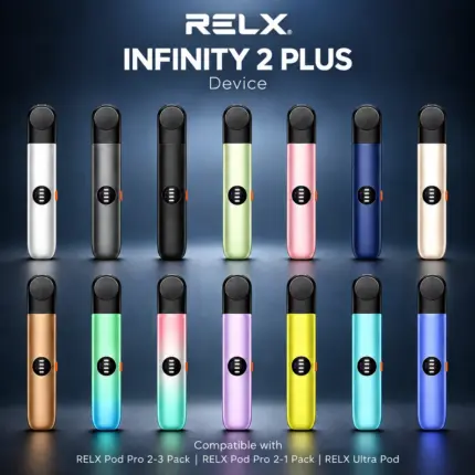 RELX Infinity 2 Plus devices in 15 colors, compatible with RELX Pod Pro 2 3-Pack, RELX Pod Pro 2 1-Pack, and RELX Ultra Pod.