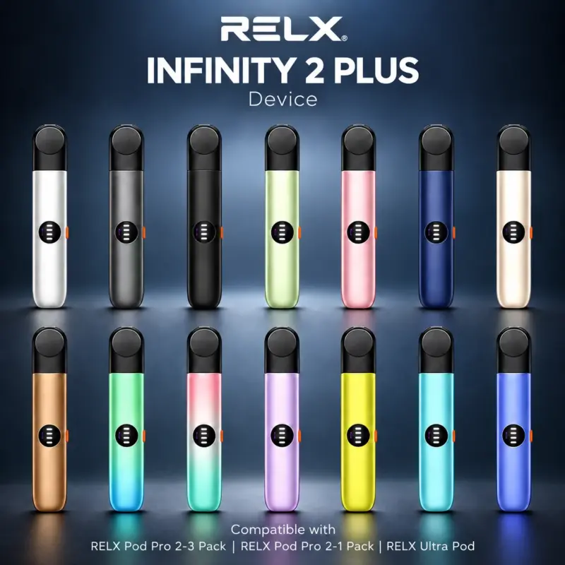 RELX Infinity 2 Plus devices in 15 colors, compatible with RELX Pod Pro 2 3-Pack, RELX Pod Pro 2 1-Pack, and RELX Ultra Pod.