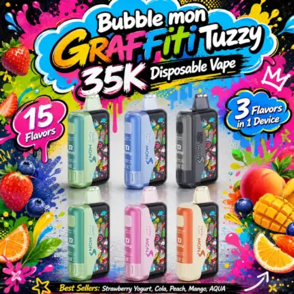 Bubble mon Graffiti Tuzzy 35K Disposable Vape homepage image featuring 15 flavors, 3 flavors in 1 device, and best sellers including Strawberry Yogurt, Cola, Peach, Mango, and AQUA